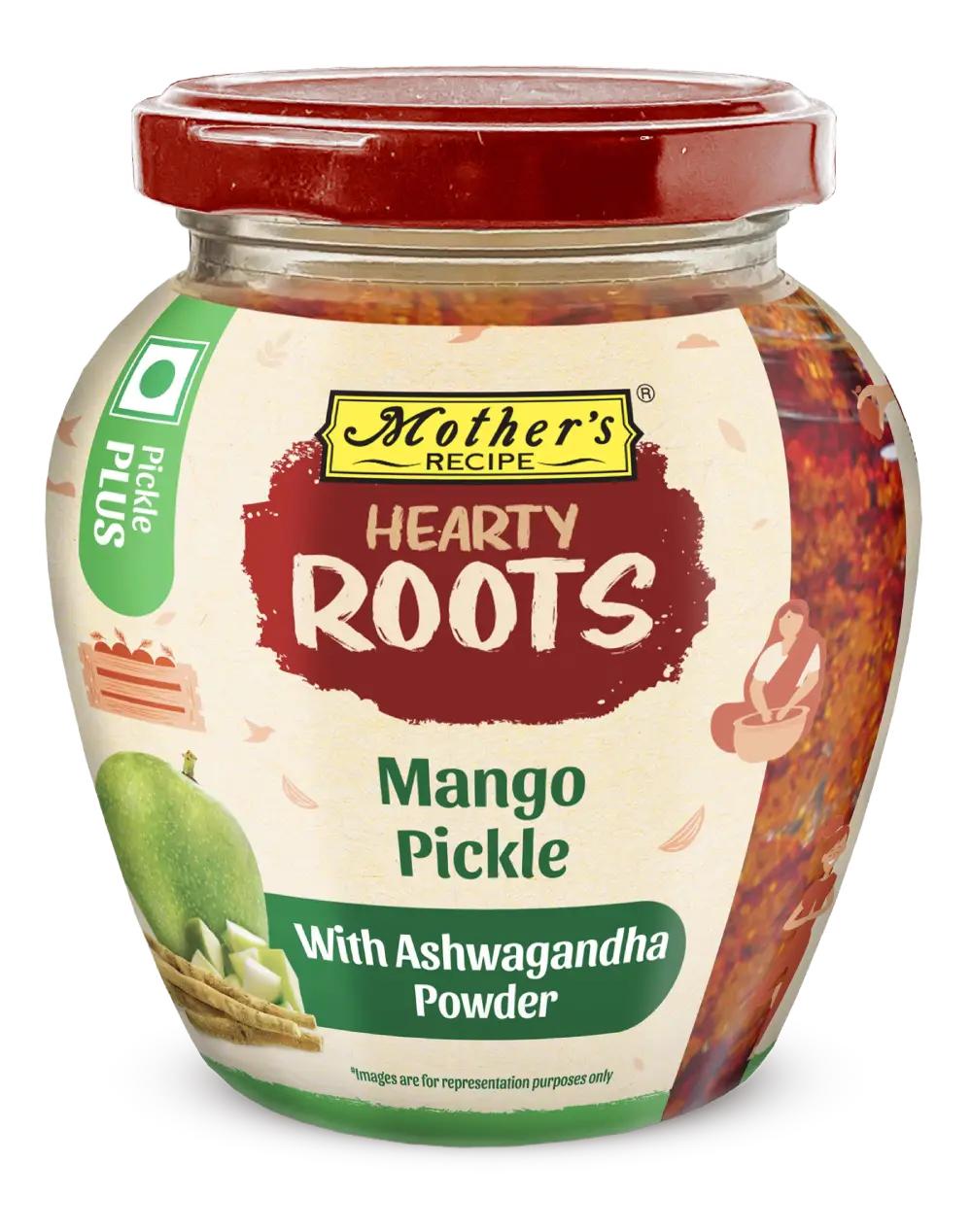 Mango <br> <span class="lighter">Pickle with</span> <br />
Ashwagandha <br /><span class="lighter">Powder</span>